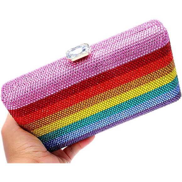 Women Rainbow Crystal Evening Bag Slim Clutch Handbag with Chain for Prom Party - Picture 6 of 6